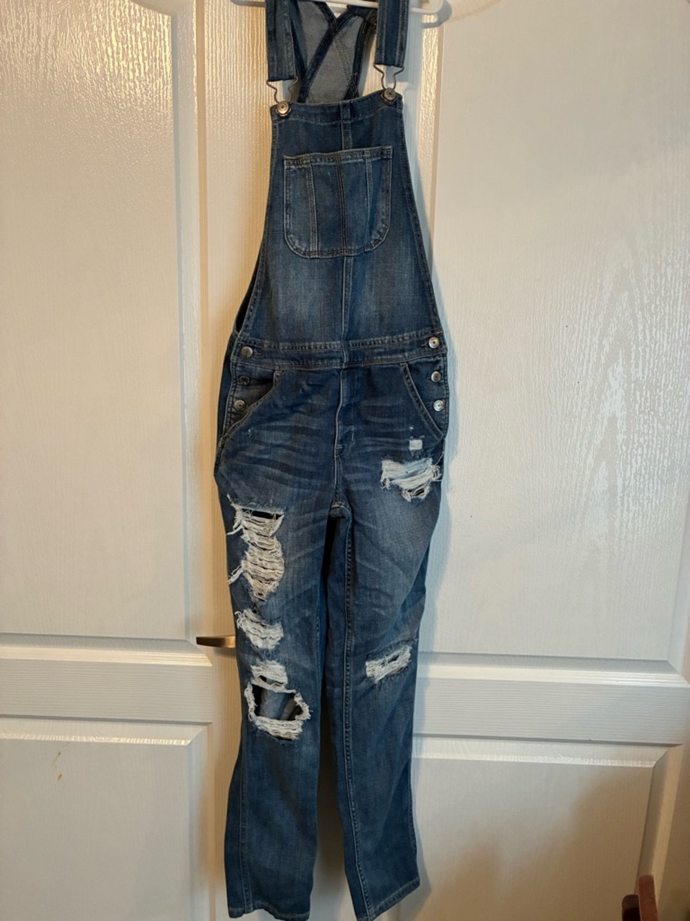 American Eagle Distressed Dark Blue Denim Overalls